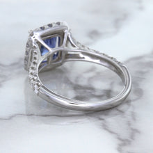 Load image into Gallery viewer, 1.74ct Radiant Blue Sapphire Ring with Diamond Halo in 18K White Gold
