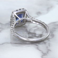 Load image into Gallery viewer, 1.74ct Radiant Blue Sapphire Ring with Diamond Halo in 18K White Gold