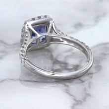 Load image into Gallery viewer, 1.74ct Radiant Blue Sapphire Ring with Diamond Halo in 18K White Gold
