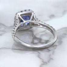 Load image into Gallery viewer, 1.74ct Radiant Blue Sapphire Ring with Diamond Halo in 18K White Gold