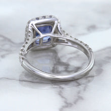 Load image into Gallery viewer, 1.74ct Radiant Blue Sapphire Ring with Diamond Halo in 18K White Gold