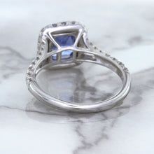 Load image into Gallery viewer, 1.74ct Radiant Blue Sapphire Ring with Diamond Halo in 18K White Gold