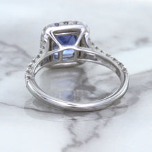 Load image into Gallery viewer, 1.74ct Radiant Blue Sapphire Ring with Diamond Halo in 18K White Gold