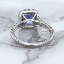 Load image into Gallery viewer, 1.74ct Radiant Blue Sapphire Ring with Diamond Halo in 18K White Gold