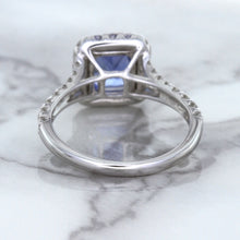 Load image into Gallery viewer, 1.74ct Radiant Blue Sapphire Ring with Diamond Halo in 18K White Gold