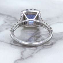 Load image into Gallery viewer, 1.74ct Radiant Blue Sapphire Ring with Diamond Halo in 18K White Gold