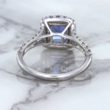 Load image into Gallery viewer, 1.74ct Radiant Blue Sapphire Ring with Diamond Halo in 18K White Gold