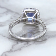 Load image into Gallery viewer, 1.74ct Radiant Blue Sapphire Ring with Diamond Halo in 18K White Gold