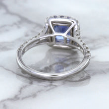 Load image into Gallery viewer, 1.74ct Radiant Blue Sapphire Ring with Diamond Halo in 18K White Gold