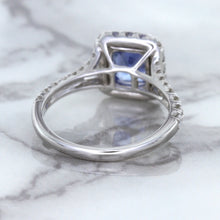 Load image into Gallery viewer, 1.74ct Radiant Blue Sapphire Ring with Diamond Halo in 18K White Gold