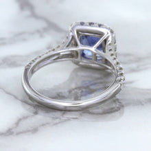 Load image into Gallery viewer, 1.74ct Radiant Blue Sapphire Ring with Diamond Halo in 18K White Gold