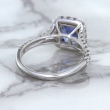 Load image into Gallery viewer, 1.74ct Radiant Blue Sapphire Ring with Diamond Halo in 18K White Gold