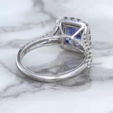 Load image into Gallery viewer, 1.74ct Radiant Blue Sapphire Ring with Diamond Halo in 18K White Gold