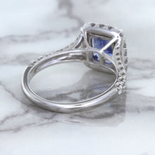 Load image into Gallery viewer, 1.74ct Radiant Blue Sapphire Ring with Diamond Halo in 18K White Gold