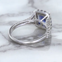 Load image into Gallery viewer, 1.74ct Radiant Blue Sapphire Ring with Diamond Halo in 18K White Gold