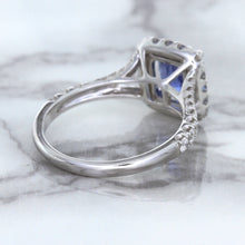 Load image into Gallery viewer, 1.74ct Radiant Blue Sapphire Ring with Diamond Halo in 18K White Gold