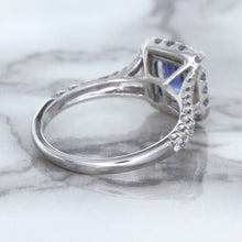 Load image into Gallery viewer, 1.74ct Radiant Blue Sapphire Ring with Diamond Halo in 18K White Gold