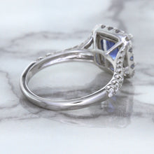 Load image into Gallery viewer, 1.74ct Radiant Blue Sapphire Ring with Diamond Halo in 18K White Gold