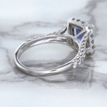 Load image into Gallery viewer, 1.74ct Radiant Blue Sapphire Ring with Diamond Halo in 18K White Gold