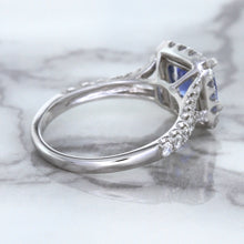 Load image into Gallery viewer, 1.74ct Radiant Blue Sapphire Ring with Diamond Halo in 18K White Gold
