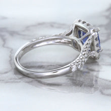 Load image into Gallery viewer, 1.74ct Radiant Blue Sapphire Ring with Diamond Halo in 18K White Gold