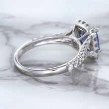 Load image into Gallery viewer, 1.74ct Radiant Blue Sapphire Ring with Diamond Halo in 18K White Gold
