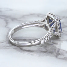 Load image into Gallery viewer, 1.74ct Radiant Blue Sapphire Ring with Diamond Halo in 18K White Gold