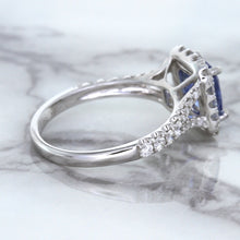 Load image into Gallery viewer, 1.74ct Radiant Blue Sapphire Ring with Diamond Halo in 18K White Gold