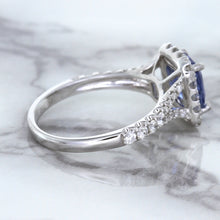 Load image into Gallery viewer, 1.74ct Radiant Blue Sapphire Ring with Diamond Halo in 18K White Gold