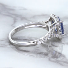 Load image into Gallery viewer, 1.74ct Radiant Blue Sapphire Ring with Diamond Halo in 18K White Gold