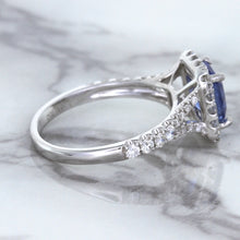 Load image into Gallery viewer, 1.74ct Radiant Blue Sapphire Ring with Diamond Halo in 18K White Gold