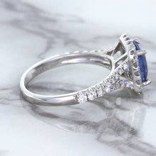 Load image into Gallery viewer, 1.74ct Radiant Blue Sapphire Ring with Diamond Halo in 18K White Gold