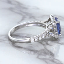 Load image into Gallery viewer, 1.74ct Radiant Blue Sapphire Ring with Diamond Halo in 18K White Gold