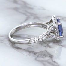 Load image into Gallery viewer, 1.74ct Radiant Blue Sapphire Ring with Diamond Halo in 18K White Gold