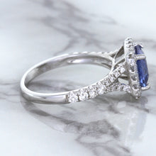 Load image into Gallery viewer, 1.74ct Radiant Blue Sapphire Ring with Diamond Halo in 18K White Gold