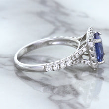 Load image into Gallery viewer, 1.74ct Radiant Blue Sapphire Ring with Diamond Halo in 18K White Gold