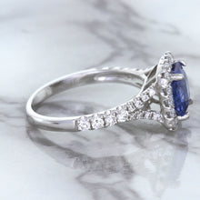 Load image into Gallery viewer, 1.74ct Radiant Blue Sapphire Ring with Diamond Halo in 18K White Gold