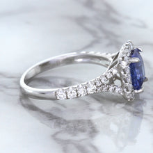 Load image into Gallery viewer, 1.74ct Radiant Blue Sapphire Ring with Diamond Halo in 18K White Gold