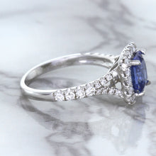 Load image into Gallery viewer, 1.74ct Radiant Blue Sapphire Ring with Diamond Halo in 18K White Gold