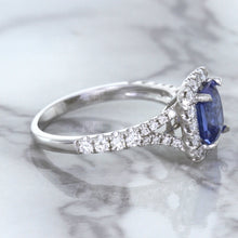 Load image into Gallery viewer, 1.74ct Radiant Blue Sapphire Ring with Diamond Halo in 18K White Gold