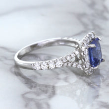 Load image into Gallery viewer, 1.74ct Radiant Blue Sapphire Ring with Diamond Halo in 18K White Gold