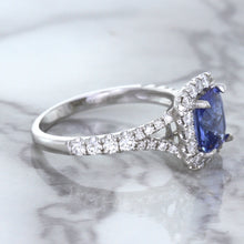 Load image into Gallery viewer, 1.74ct Radiant Blue Sapphire Ring with Diamond Halo in 18K White Gold