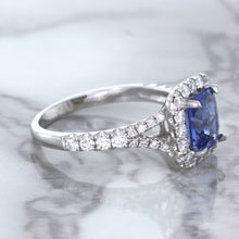 Load image into Gallery viewer, 1.74ct Radiant Blue Sapphire Ring with Diamond Halo in 18K White Gold