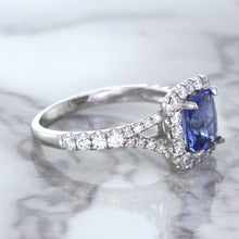 Load image into Gallery viewer, 1.74ct Radiant Blue Sapphire Ring with Diamond Halo in 18K White Gold