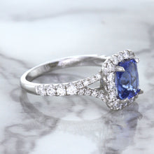 Load image into Gallery viewer, 1.74ct Radiant Blue Sapphire Ring with Diamond Halo in 18K White Gold
