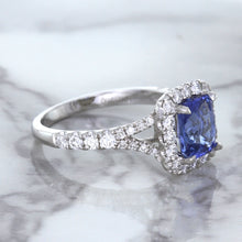 Load image into Gallery viewer, 1.74ct Radiant Blue Sapphire Ring with Diamond Halo in 18K White Gold