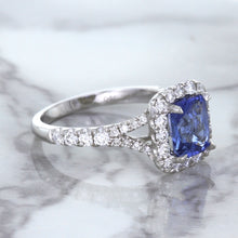 Load image into Gallery viewer, 1.74ct Radiant Blue Sapphire Ring with Diamond Halo in 18K White Gold