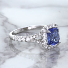 Load image into Gallery viewer, 1.74ct Radiant Blue Sapphire Ring with Diamond Halo in 18K White Gold
