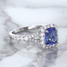 Load image into Gallery viewer, 1.74ct Radiant Blue Sapphire Ring with Diamond Halo in 18K White Gold