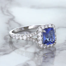 Load image into Gallery viewer, 1.74ct Radiant Blue Sapphire Ring with Diamond Halo in 18K White Gold